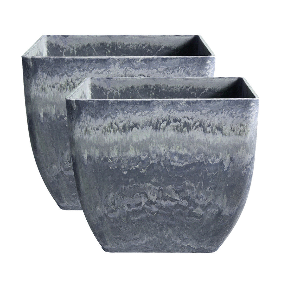 NNEAGS 2X 32cm Weathered Grey Square Resin Plant Flower Pot in Cement Pattern Planter Cachepot for Indoor Home Office