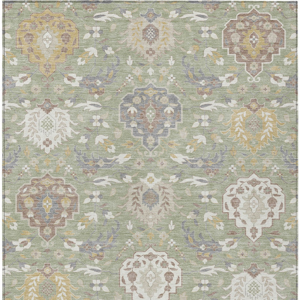 8' X 10' Artichoke Green Brown And Ivory Damask Washable Indoor Outdoor Area Rug