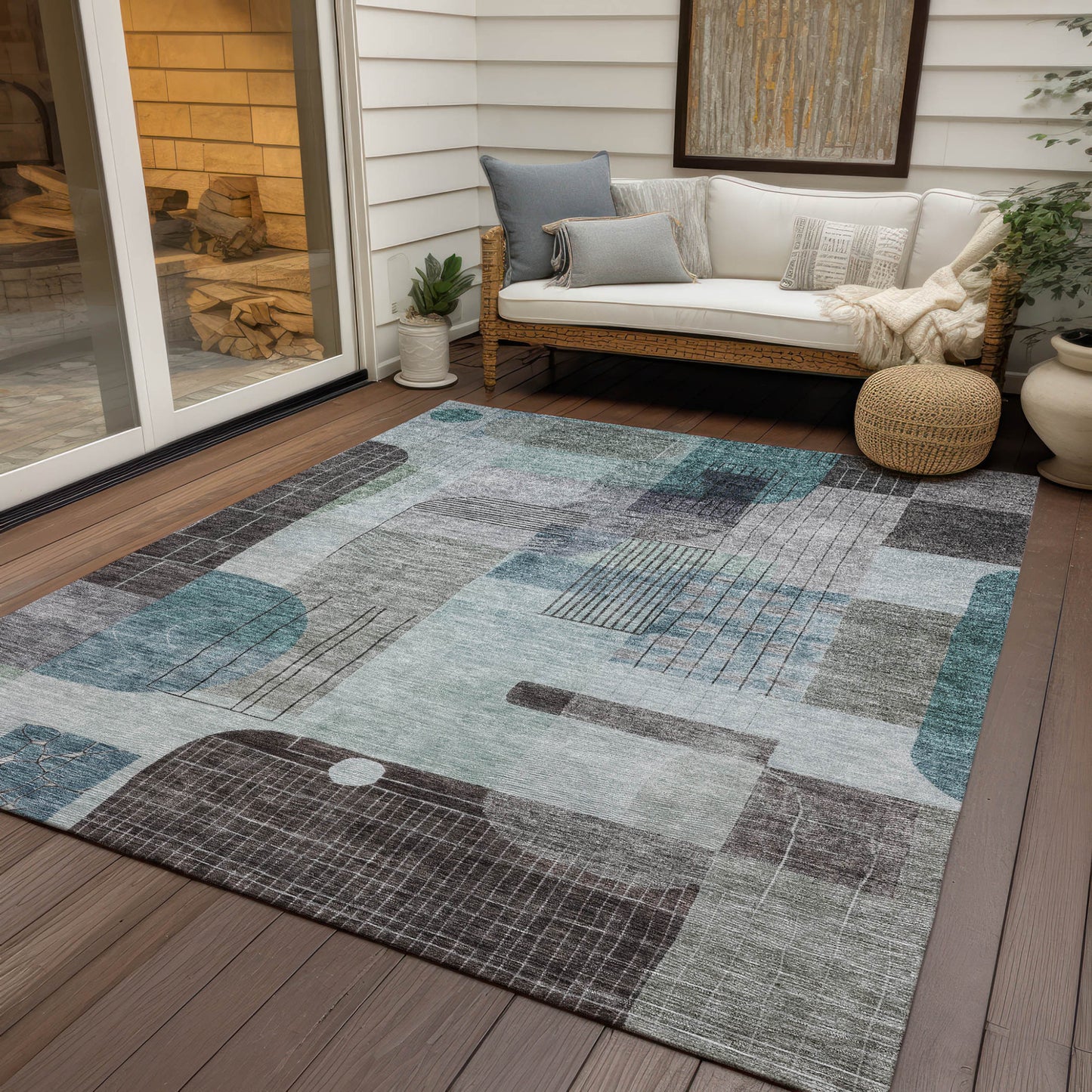 5' X 8' Teal Blue Gray And Charcoal Abstract Washable Indoor Outdoor Area Rug