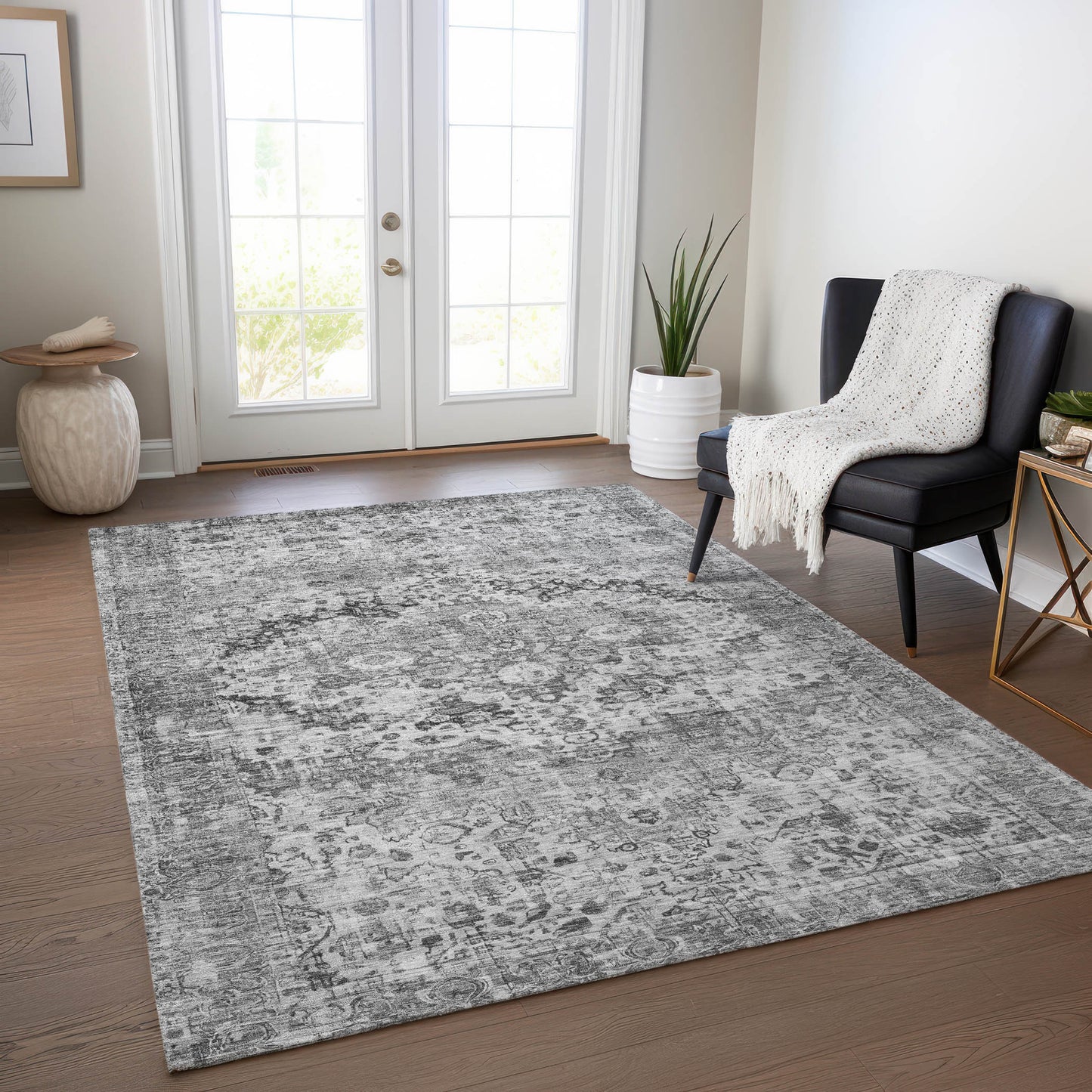10' X 14' Gray And Silver Floral Washable Indoor Outdoor Area Rug