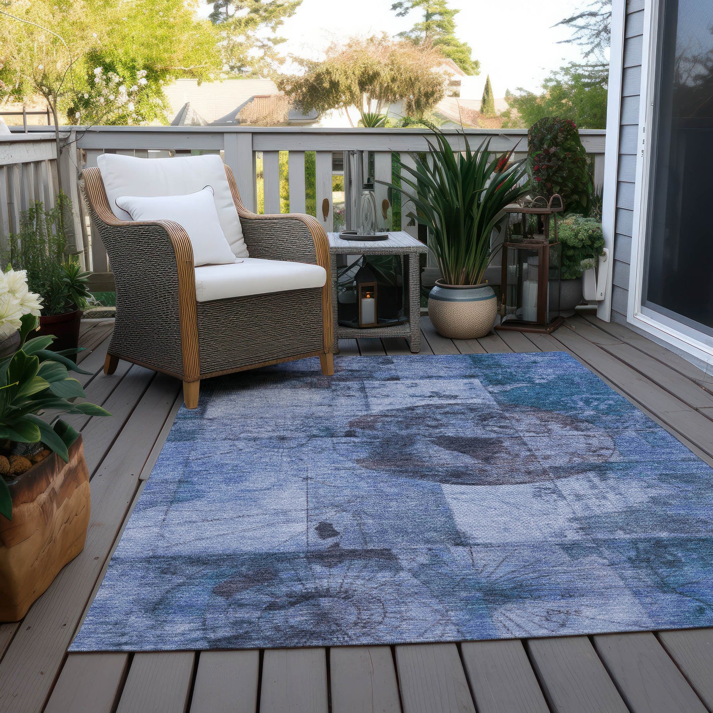 8' X 10' Blue And Sky Blue Abstract Washable Indoor Outdoor Area Rug