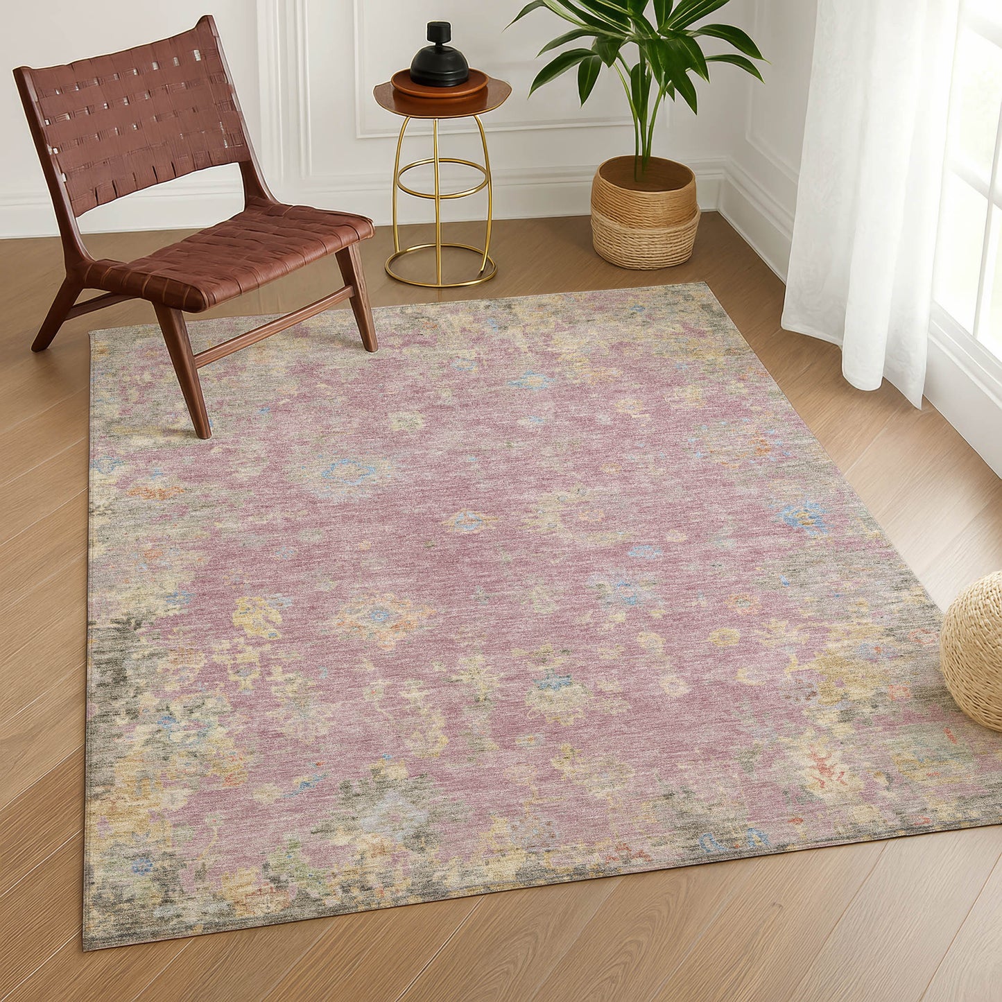 8' X 10' Pink Beige And Gray Floral Washable Indoor Outdoor Area Rug-8