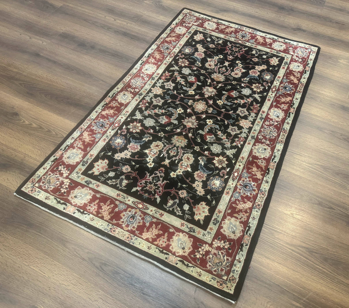 Black Sino Persian Rug 3x5, Wool with Silk Highlights, Floral, Fine 170 KPSI