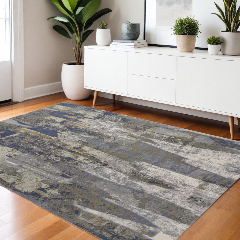 4' X 6' Blue Gray And Tan Abstract Distressed Area Rug-0