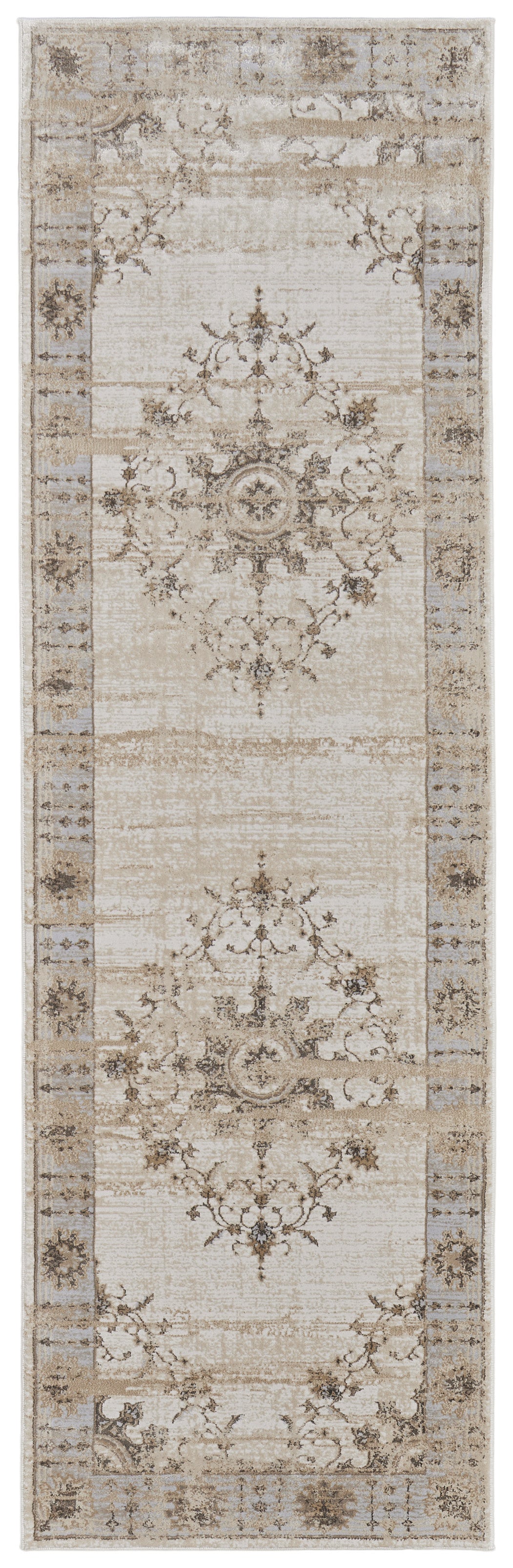 8' Tan Brown And Gray Oriental Distressed Runner Rug