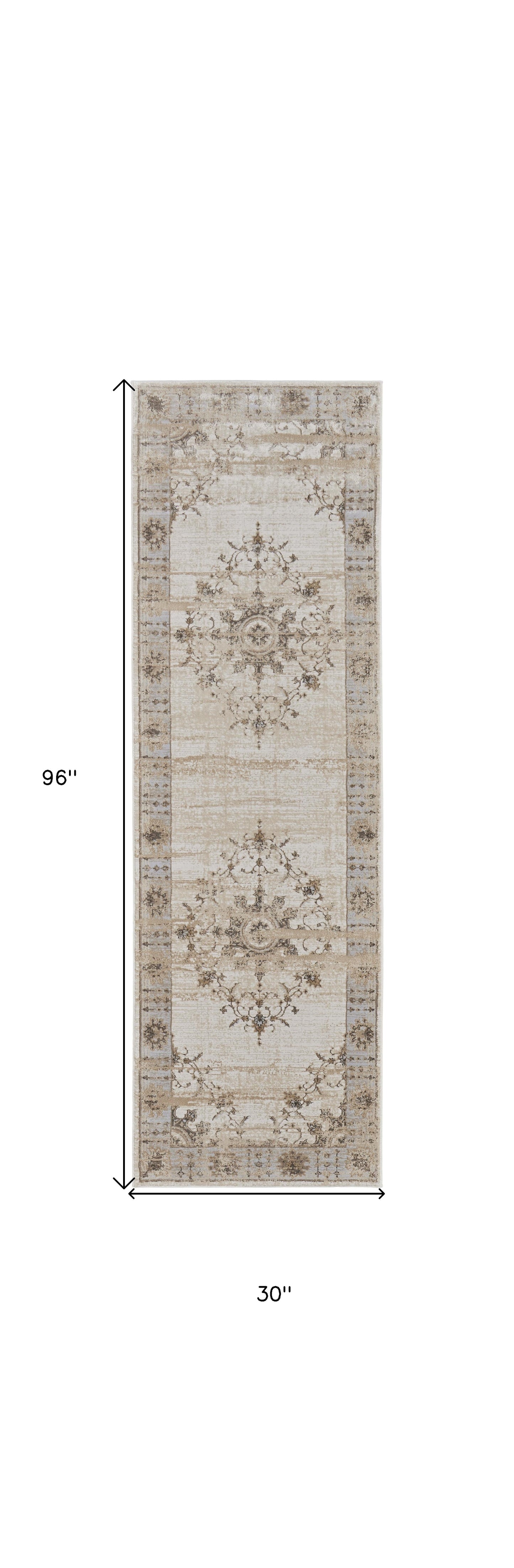8' Tan Brown And Gray Oriental Distressed Runner Rug