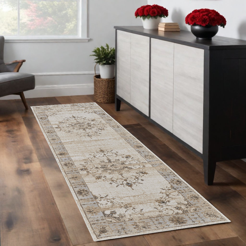 8' Tan Brown And Gray Oriental Distressed Runner Rug