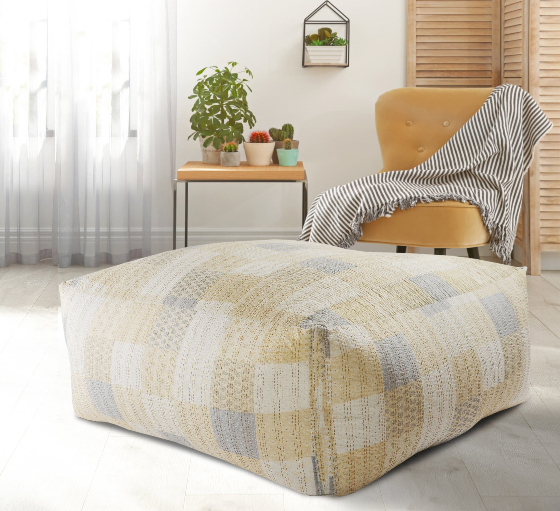 48" Cream Cotton Patchwork Pouf Ottoman-2