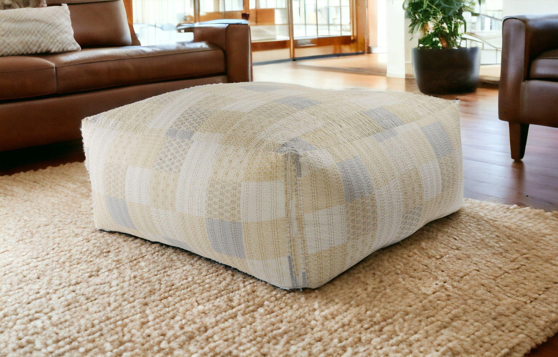 48" Cream Cotton Patchwork Pouf Ottoman-1
