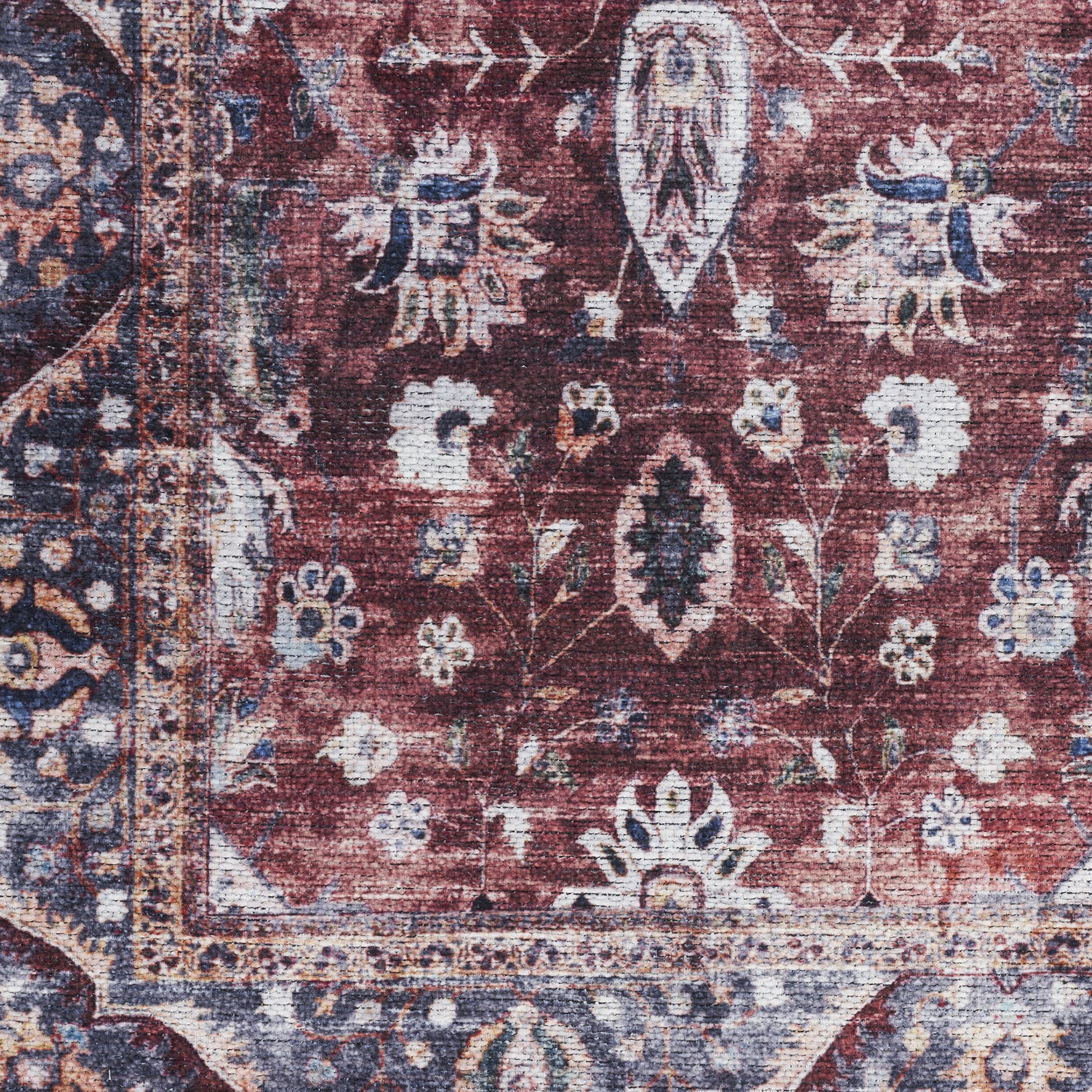 5' X 7' Red and Ivory Oriental Power Loom Distressed Washable Non Skid Area Rug-0