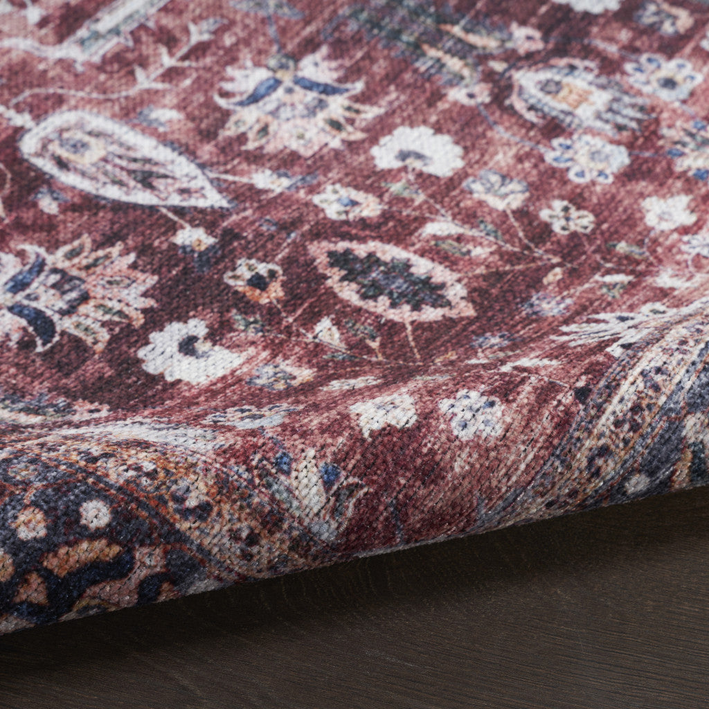 5' X 7' Red and Ivory Oriental Power Loom Distressed Washable Non Skid Area Rug-7