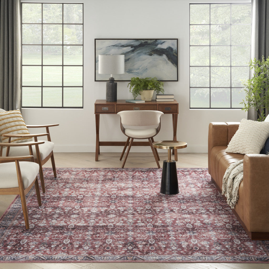 5' X 7' Red and Ivory Oriental Power Loom Distressed Washable Non Skid Area Rug-5