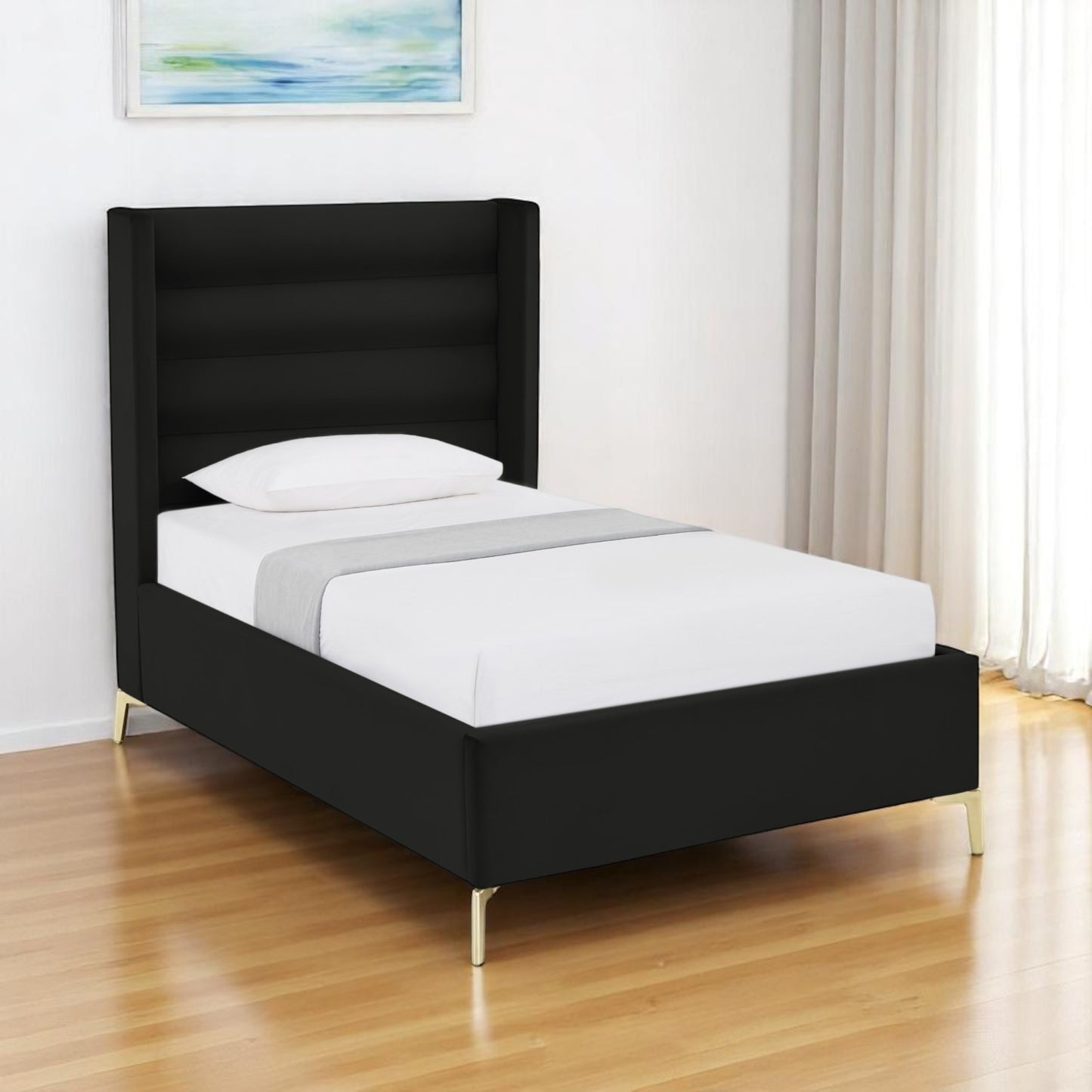 Black Velvet Upholstered Full Bed Frame-0