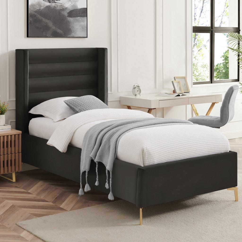 Black Velvet Upholstered Full Bed Frame-8