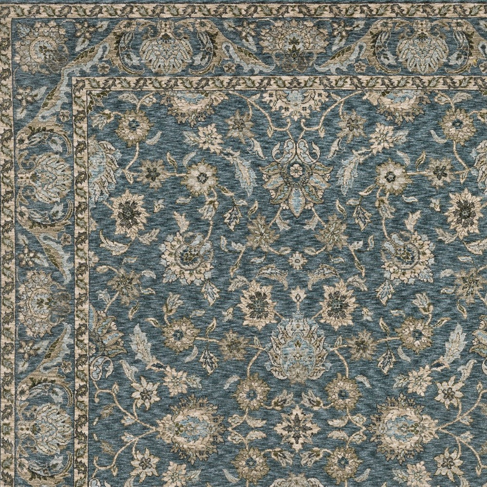 5' X 8' Blue And Beige Oriental Area Rug With Fringe