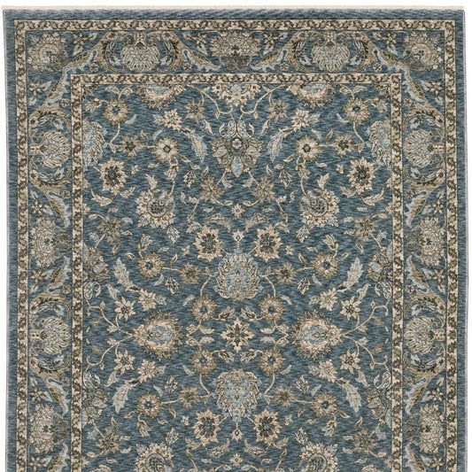 5' X 8' Blue And Beige Oriental Area Rug With Fringe