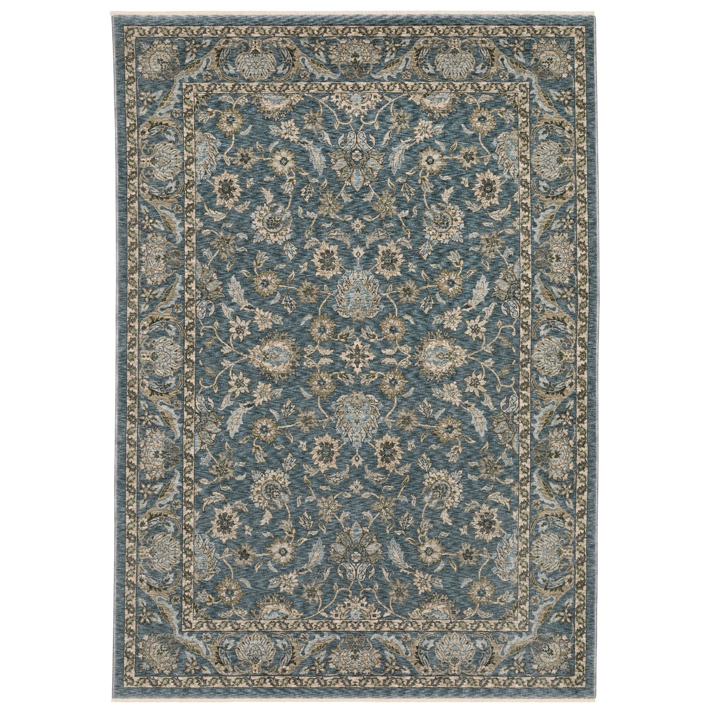 5' X 8' Blue And Beige Oriental Area Rug With Fringe