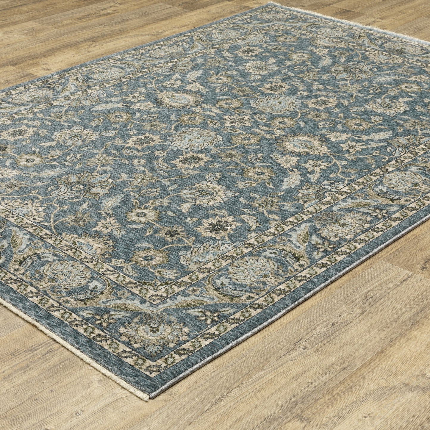 5' X 8' Blue And Beige Oriental Area Rug With Fringe