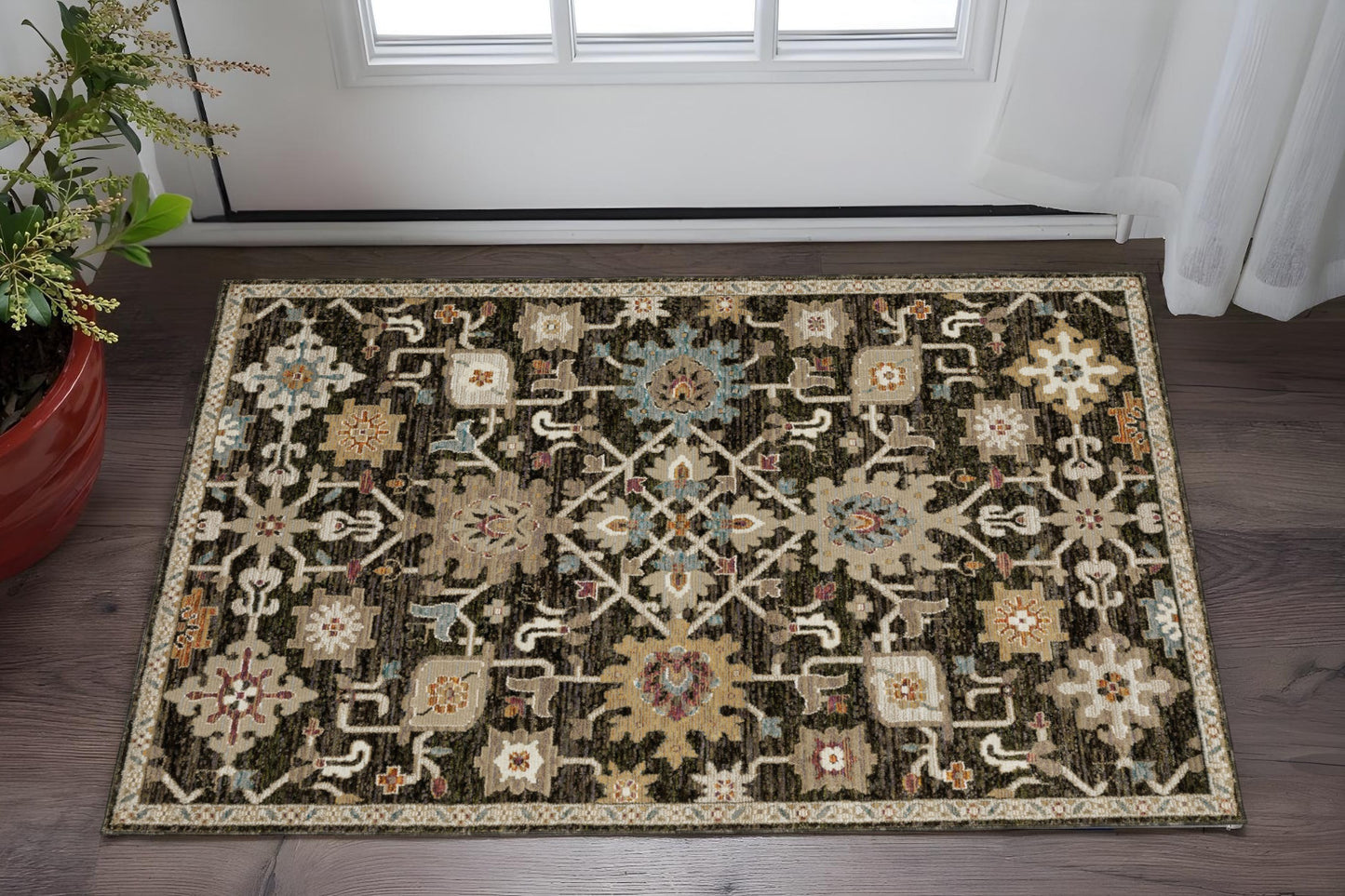 2' X 3' Brown Black And Ivory Oriental Area Rug-0