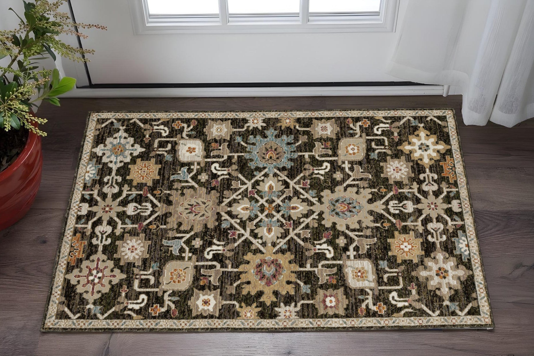 2' X 3' Brown Black And Ivory Oriental Area Rug-0