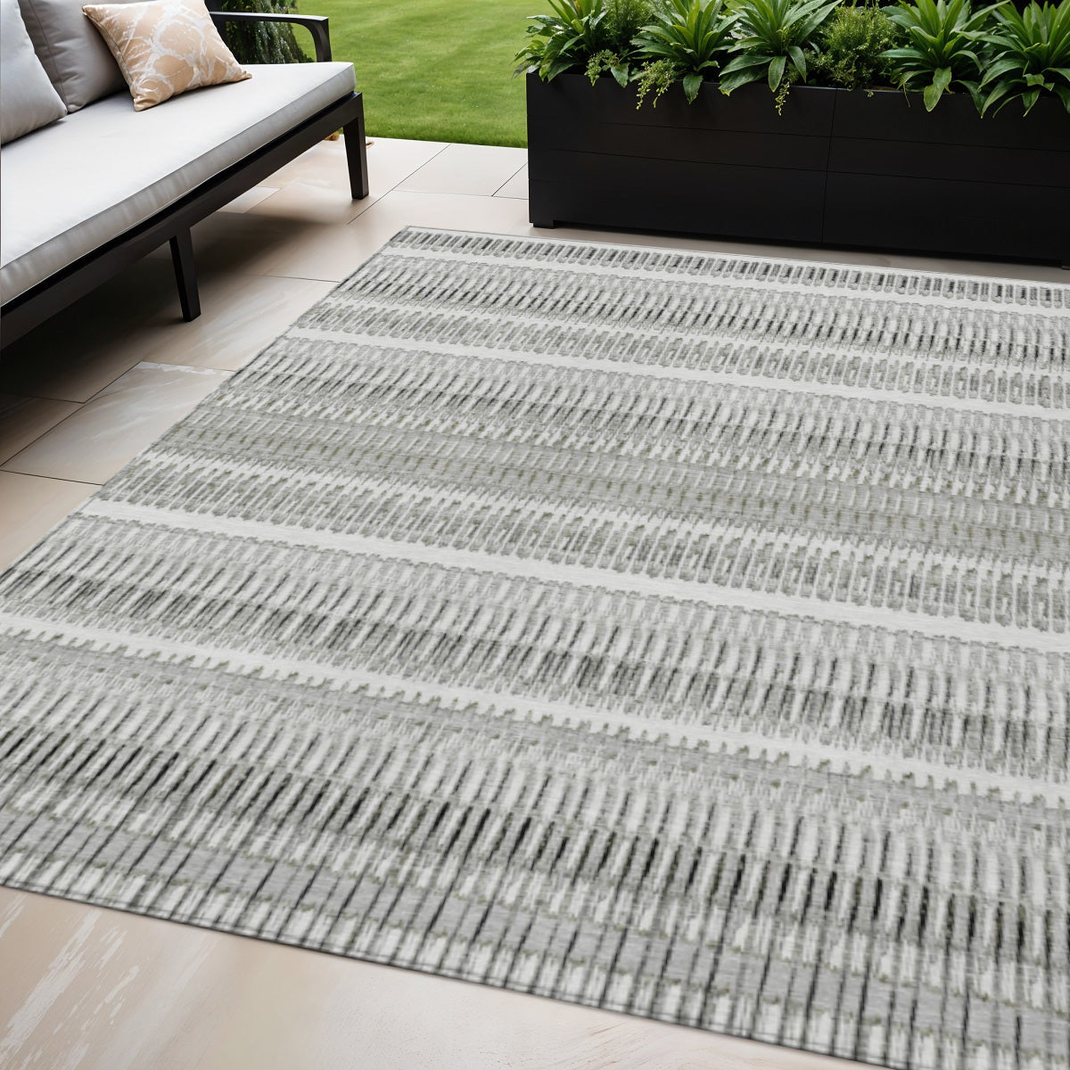 5' X 8' Ivory Gray And Taupe Striped Washable Indoor Outdoor Area Rug