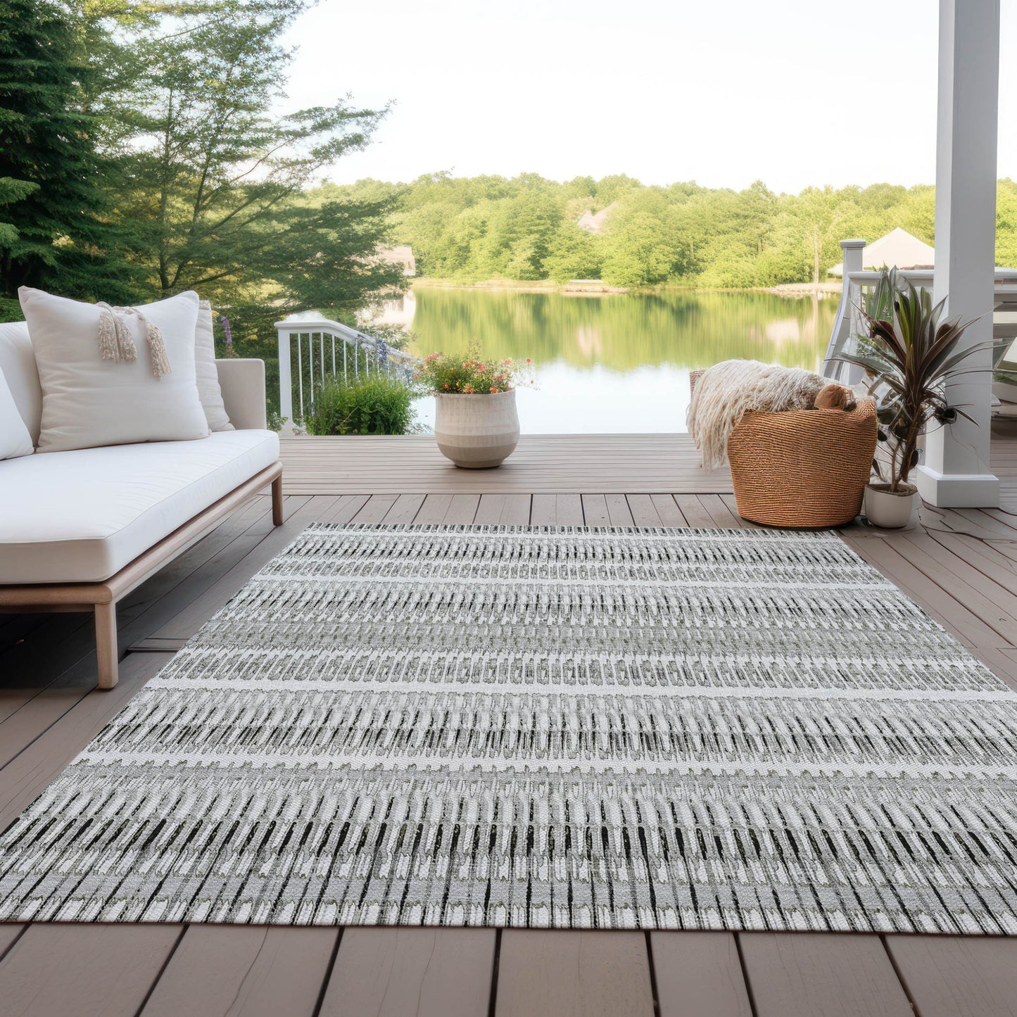 5' X 8' Ivory Gray And Taupe Striped Washable Indoor Outdoor Area Rug