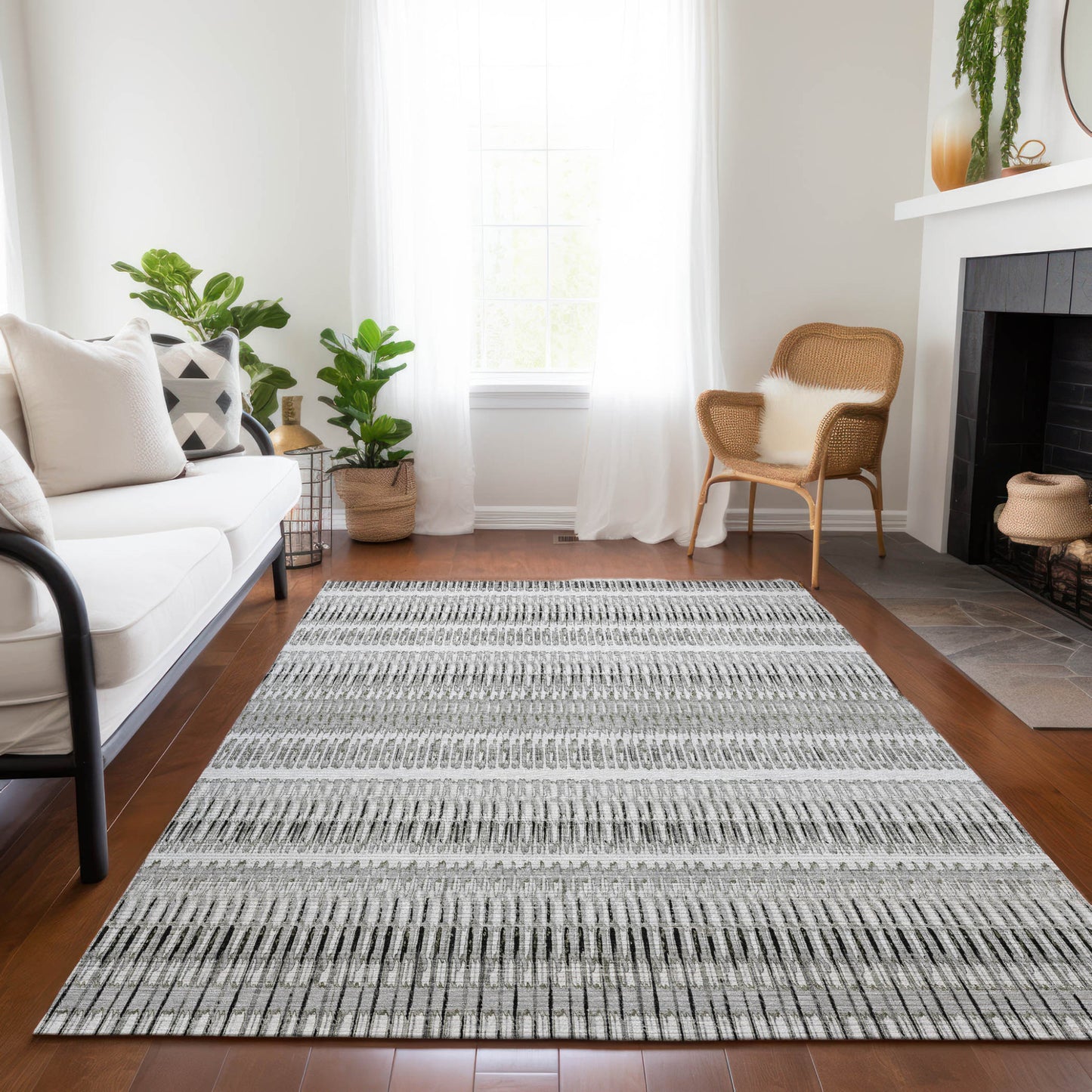 5' X 8' Ivory Gray And Taupe Striped Washable Indoor Outdoor Area Rug