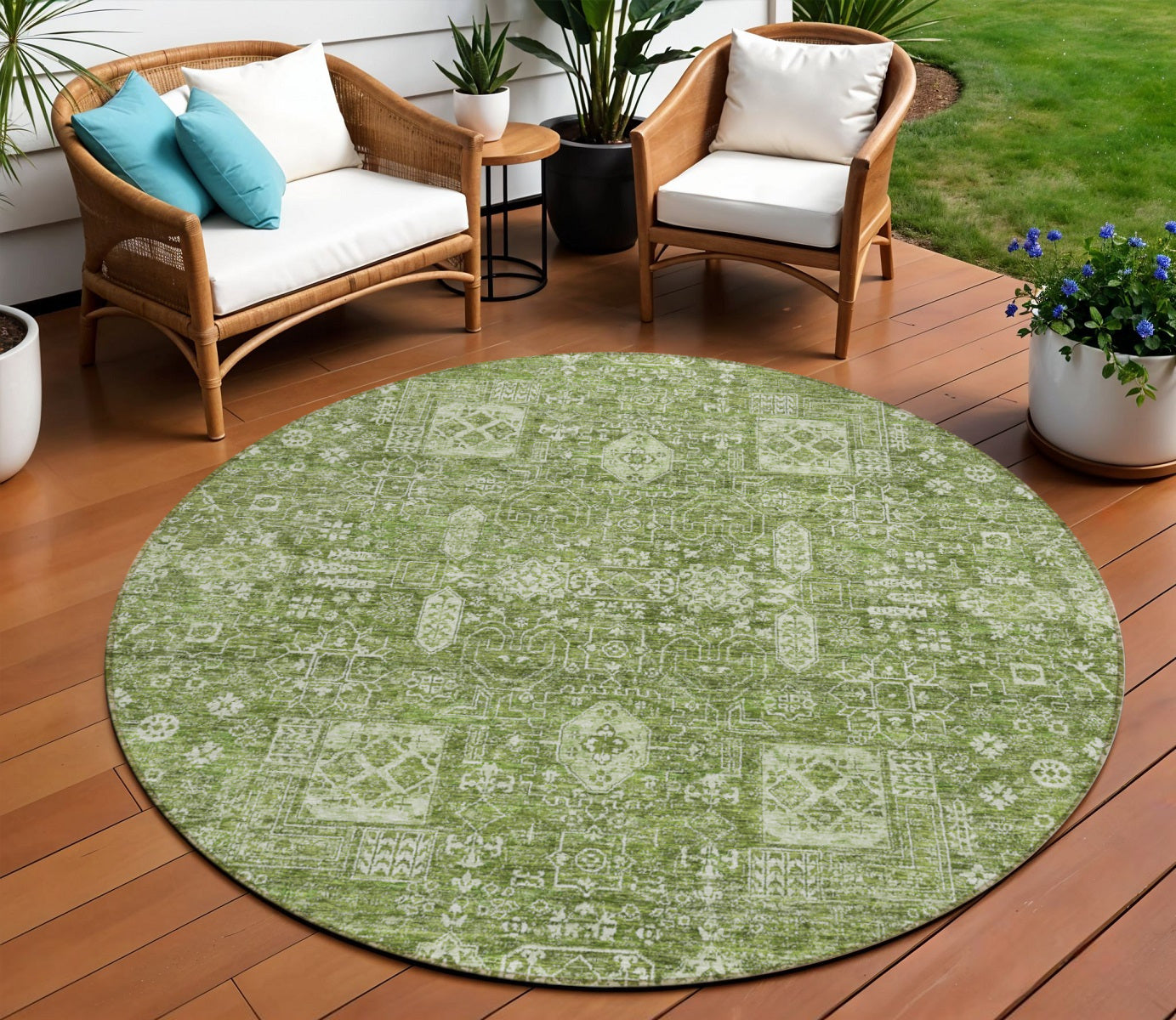 8' Artichoke Green And Ivory Round Oriental Washable Indoor Outdoor Area Rug-0