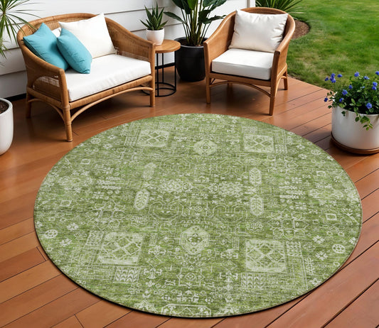 8' Artichoke Green And Ivory Round Oriental Washable Indoor Outdoor Area Rug-0