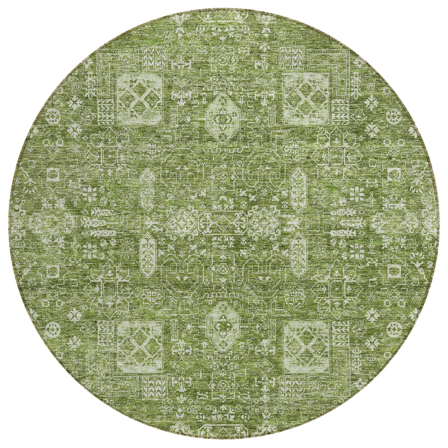 8' Artichoke Green And Ivory Round Oriental Washable Indoor Outdoor Area Rug-1