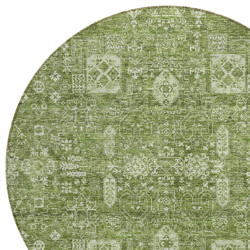 8' Artichoke Green And Ivory Round Oriental Washable Indoor Outdoor Area Rug-3
