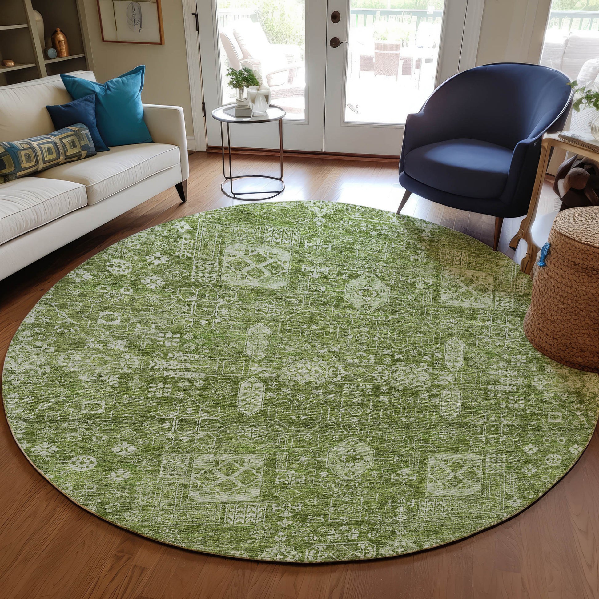 8' Artichoke Green And Ivory Round Oriental Washable Indoor Outdoor Area Rug-6
