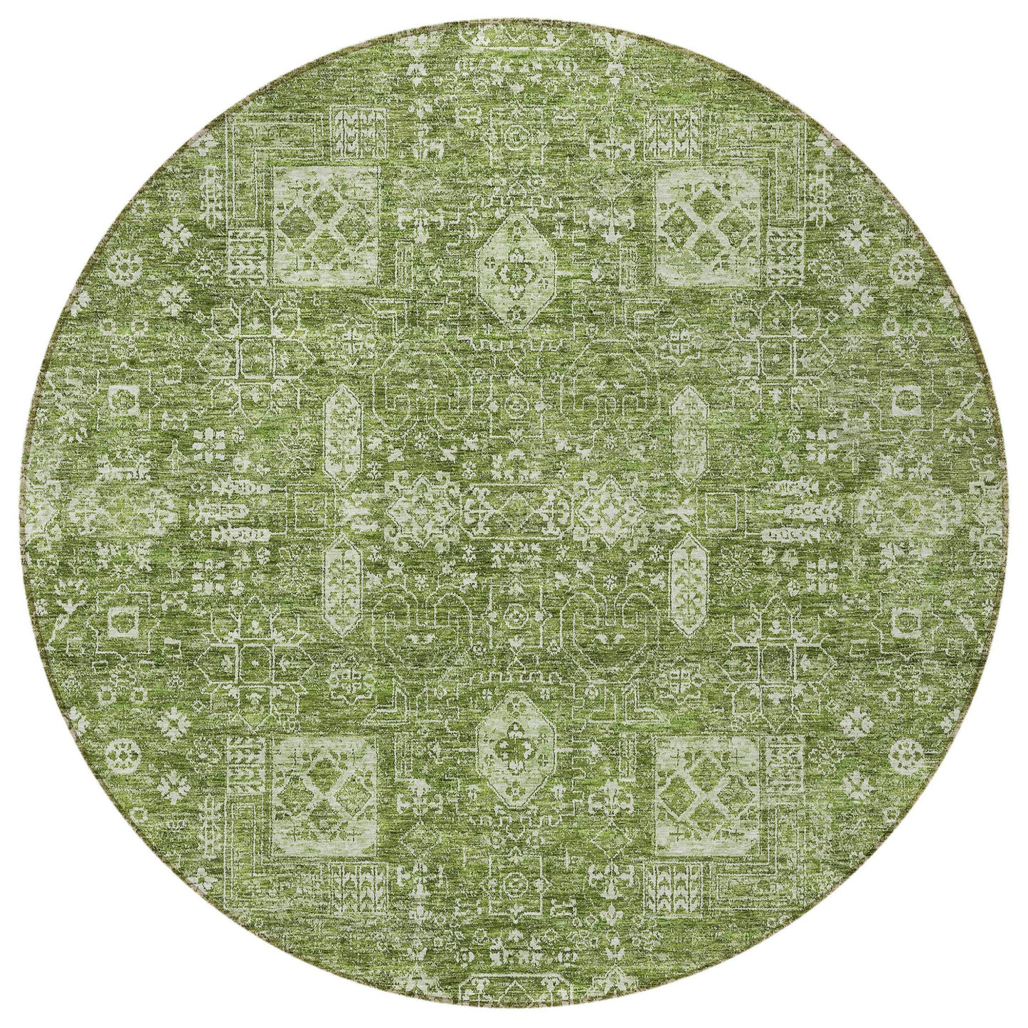 8' Artichoke Green And Ivory Round Oriental Washable Indoor Outdoor Area Rug-4