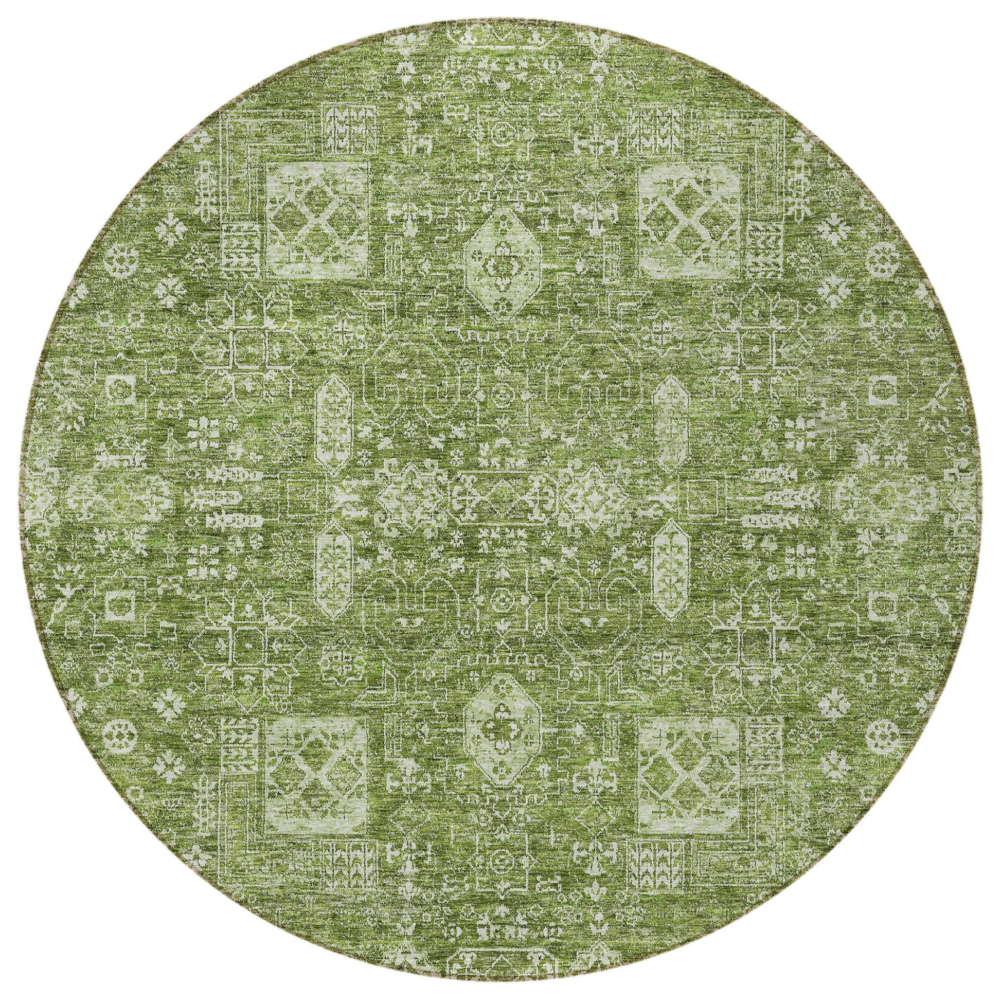 8' Artichoke Green And Ivory Round Oriental Washable Indoor Outdoor Area Rug-4