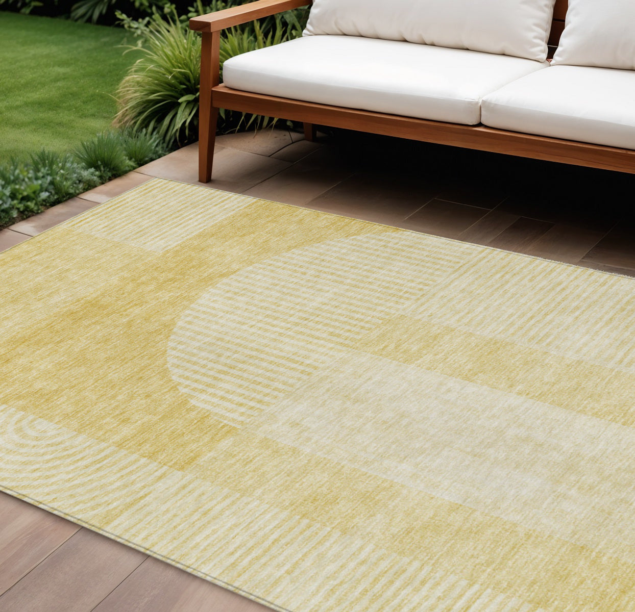 9' X 12' Gold Ivory And Yellow Geometric Washable Indoor Outdoor Area Rug-0