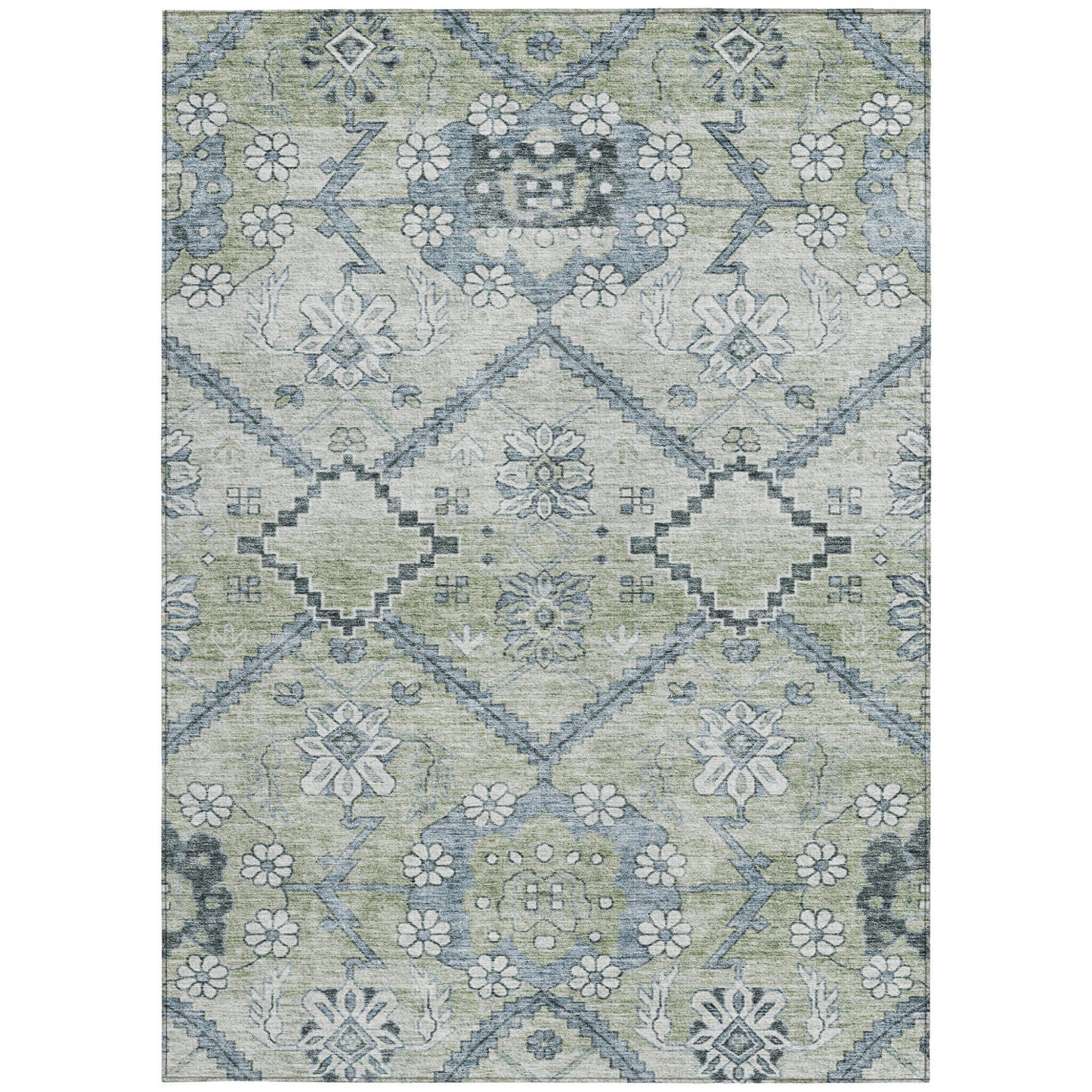 10' X 14' Artichoke Green Denim Blue And Silver Floral Washable Indoor Outdoor Area Rug-6