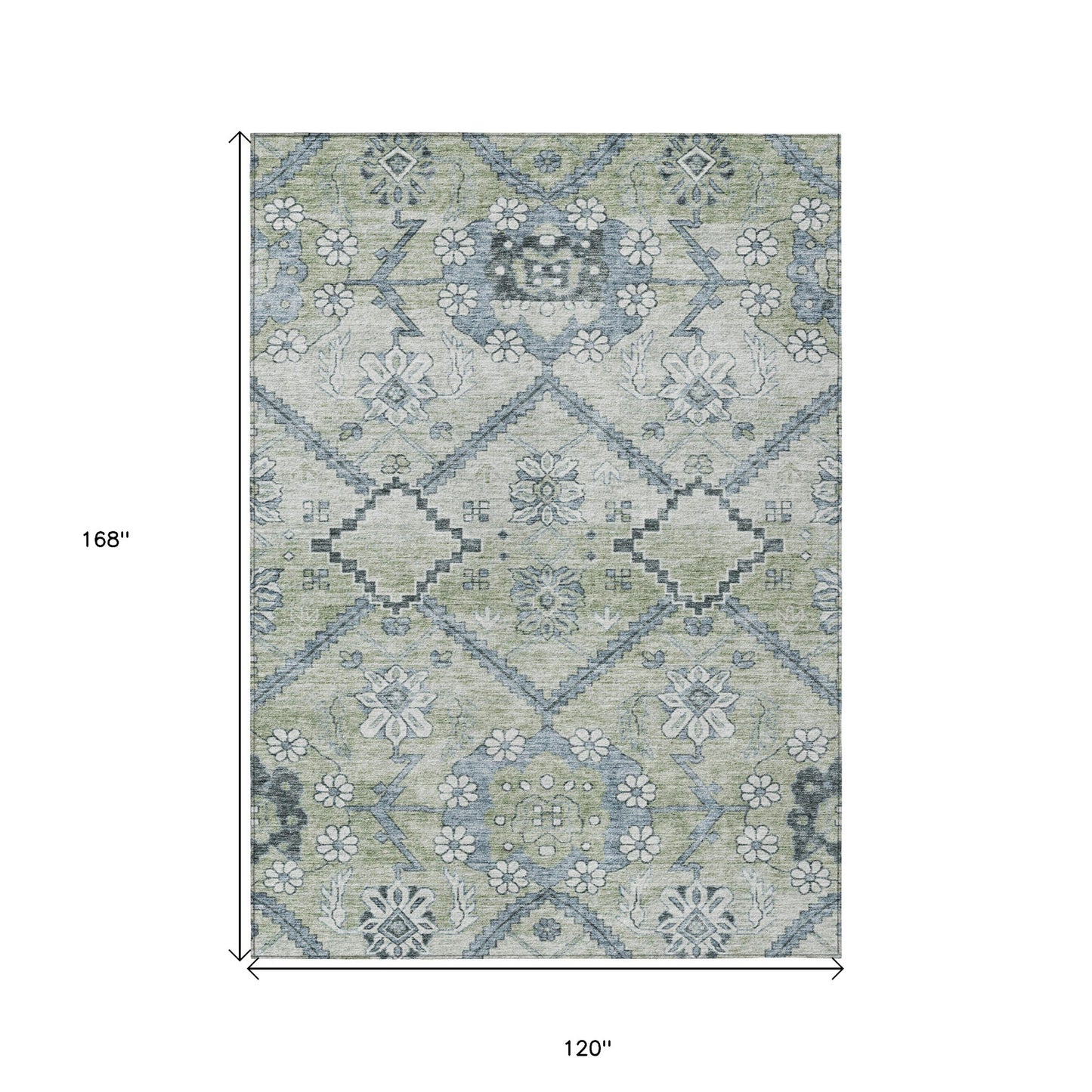 10' X 14' Artichoke Green Denim Blue And Silver Floral Washable Indoor Outdoor Area Rug-2