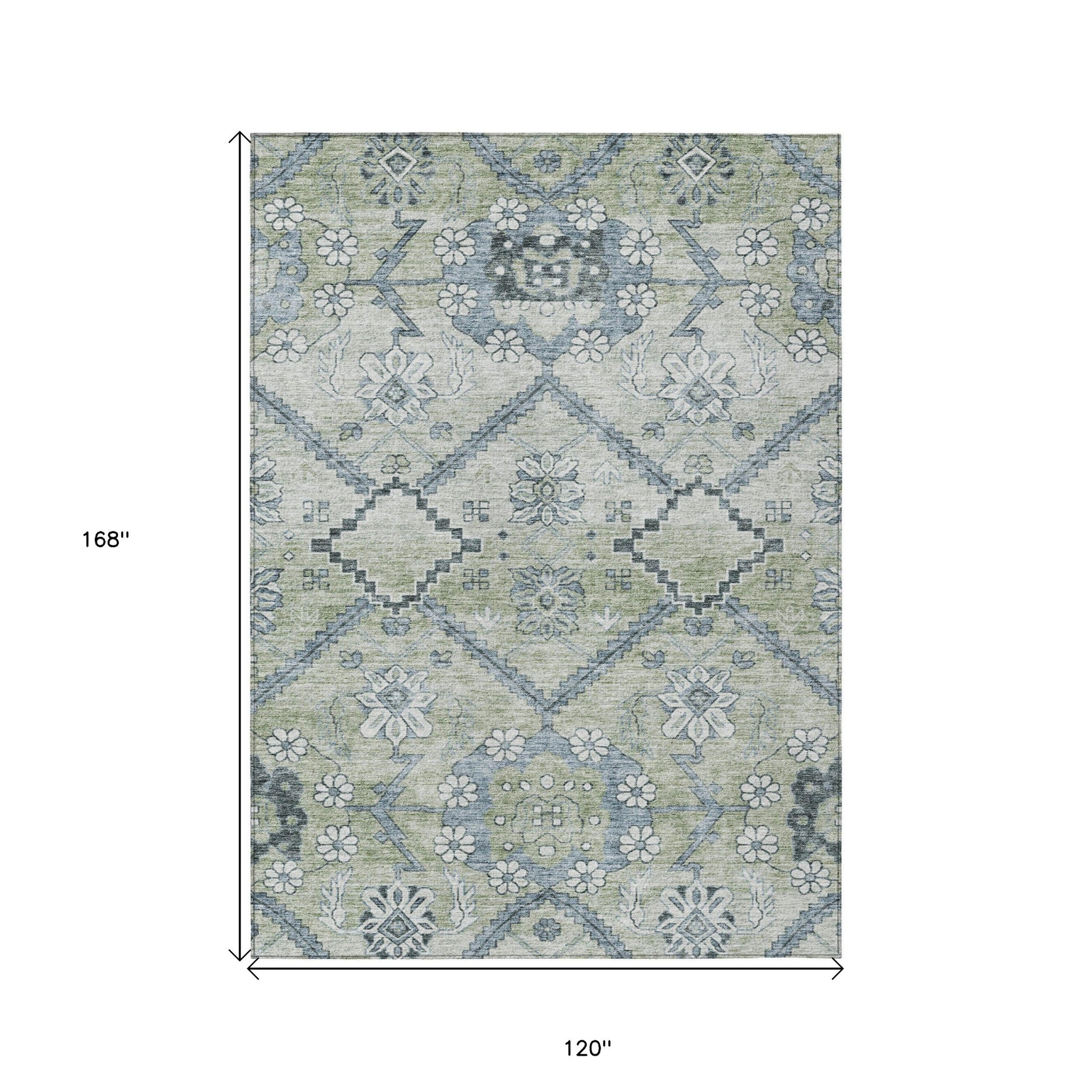 10' X 14' Artichoke Green Denim Blue And Silver Floral Washable Indoor Outdoor Area Rug-2