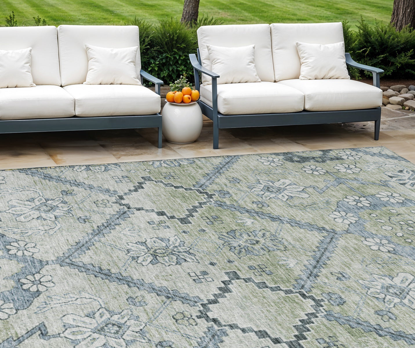 10' X 14' Artichoke Green Denim Blue And Silver Floral Washable Indoor Outdoor Area Rug-0