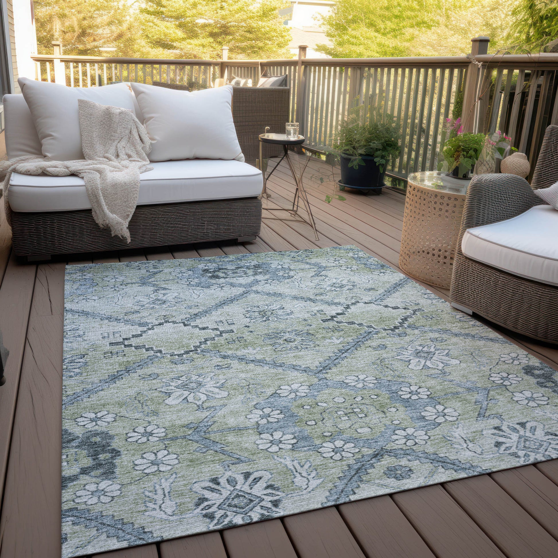 10' X 14' Artichoke Green Denim Blue And Silver Floral Washable Indoor Outdoor Area Rug-7