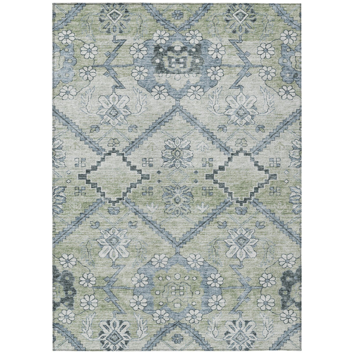 10' X 14' Artichoke Green Denim Blue And Silver Floral Washable Indoor Outdoor Area Rug-1