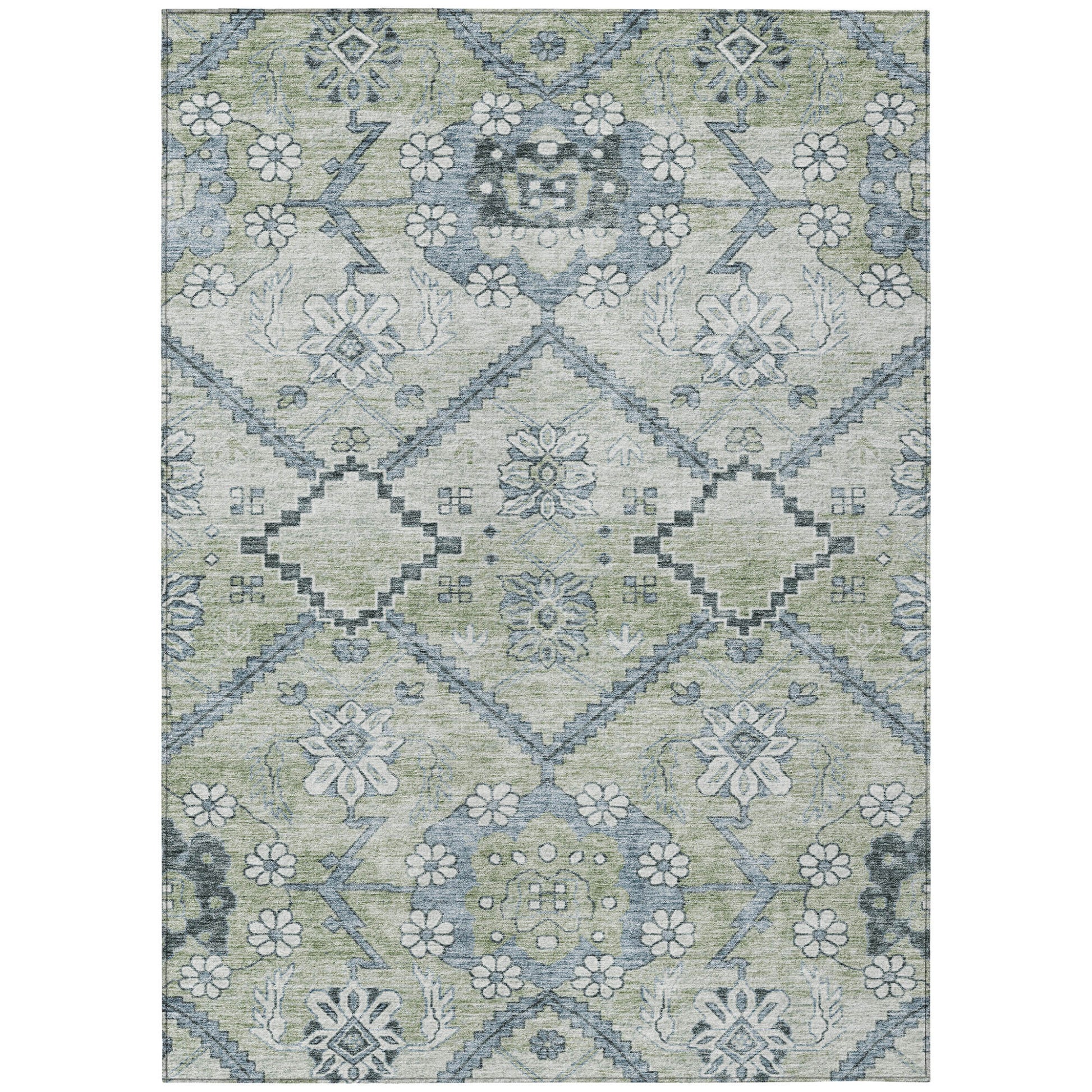 10' X 14' Artichoke Green Denim Blue And Silver Floral Washable Indoor Outdoor Area Rug-1