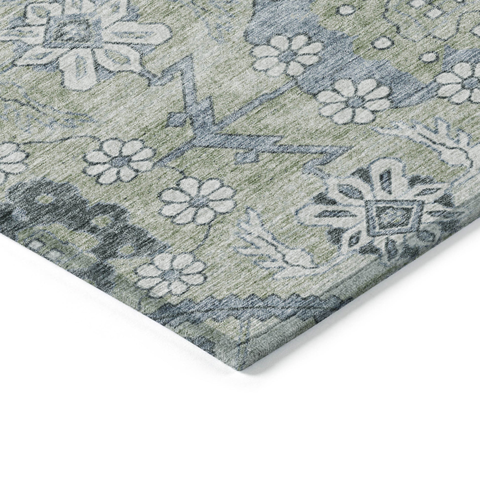 10' X 14' Artichoke Green Denim Blue And Silver Floral Washable Indoor Outdoor Area Rug-4