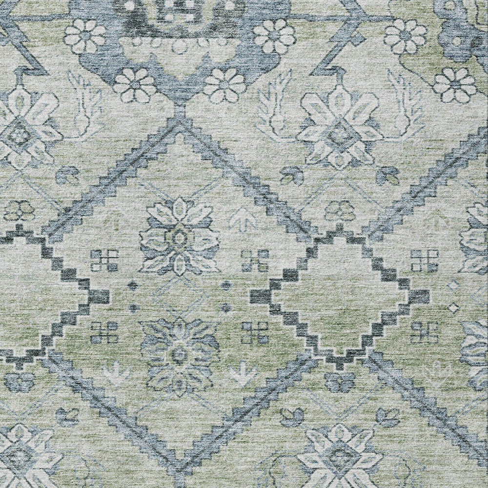 10' X 14' Artichoke Green Denim Blue And Silver Floral Washable Indoor Outdoor Area Rug-5