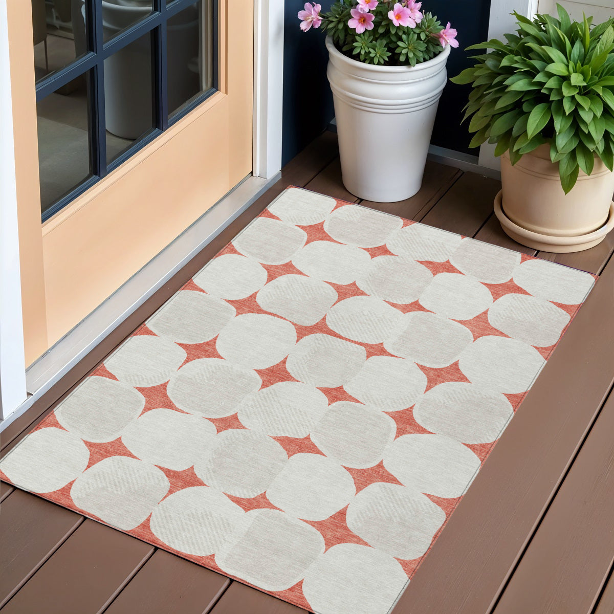 3' X 5' Salmon Beige And Ivory Abstract Washable Indoor Outdoor Area Rug-0