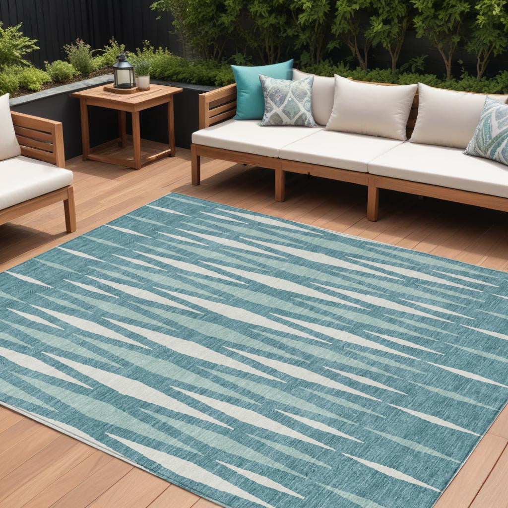 9' X 12' Teal Blue And Ivory Geometric Washable Indoor Outdoor Area Rug