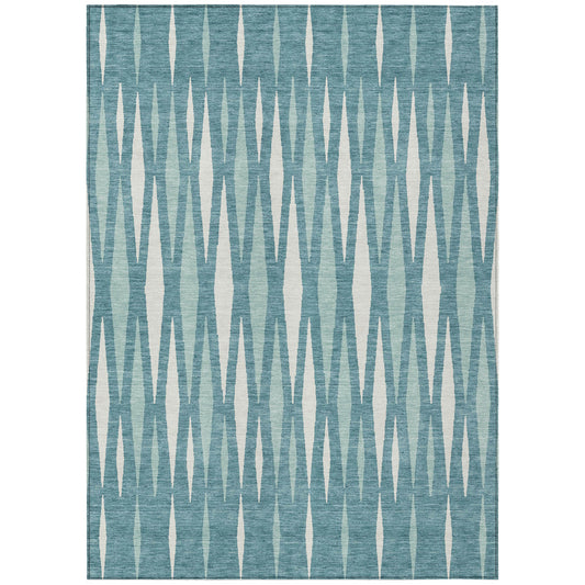 9' X 12' Teal Blue And Ivory Geometric Washable Indoor Outdoor Area Rug