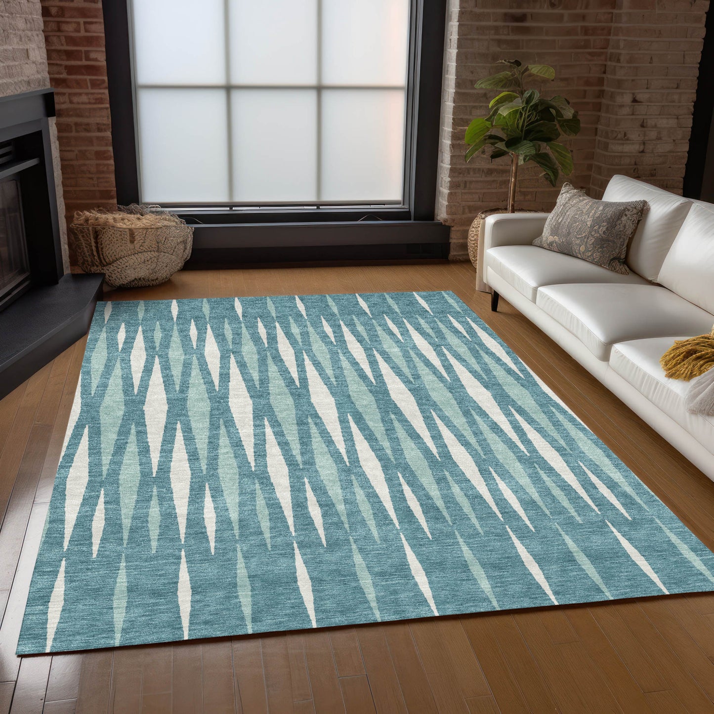 9' X 12' Teal Blue And Ivory Geometric Washable Indoor Outdoor Area Rug