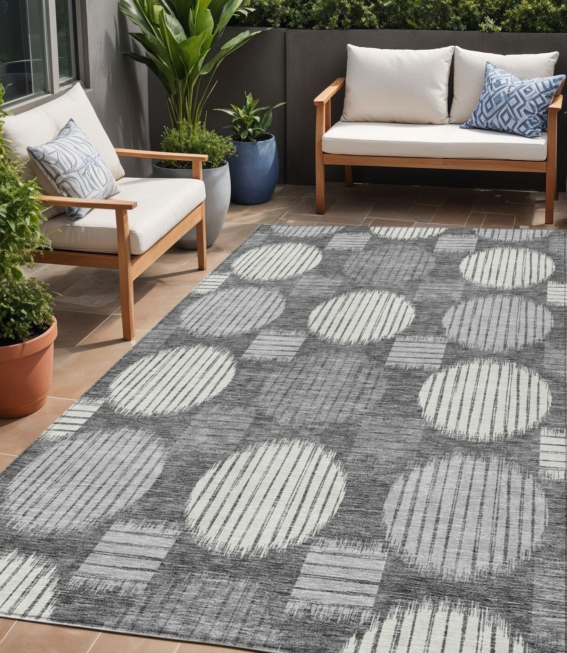 5' X 8' Charcoal And Ivory Geometric Washable Indoor Outdoor Area Rug-0