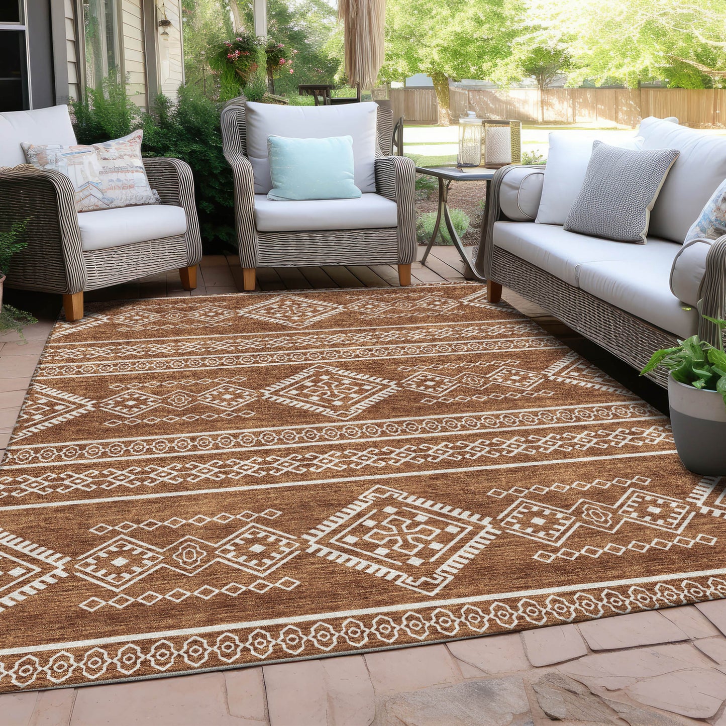 10' X 14' Orange And Ivory Southwestern Washable Indoor Outdoor Area Rug